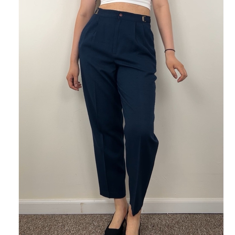 Vintage Navy Blue High Waisted Tapered Trousers Pants - Picture 2 of 8